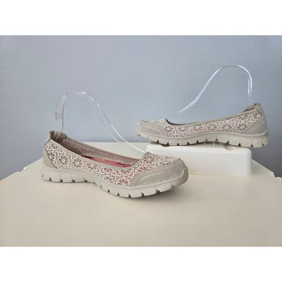 Skechers 23413 Beige Lace Flats 8.5 | Memory Foam Slip On Walking Shoes Neutral - Picture 3 of 7